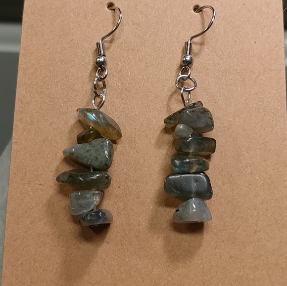 Labradorite Earrings Natural Gemstone Crystal Chip Beaded Surgical Stainless - Picture 6 of 13